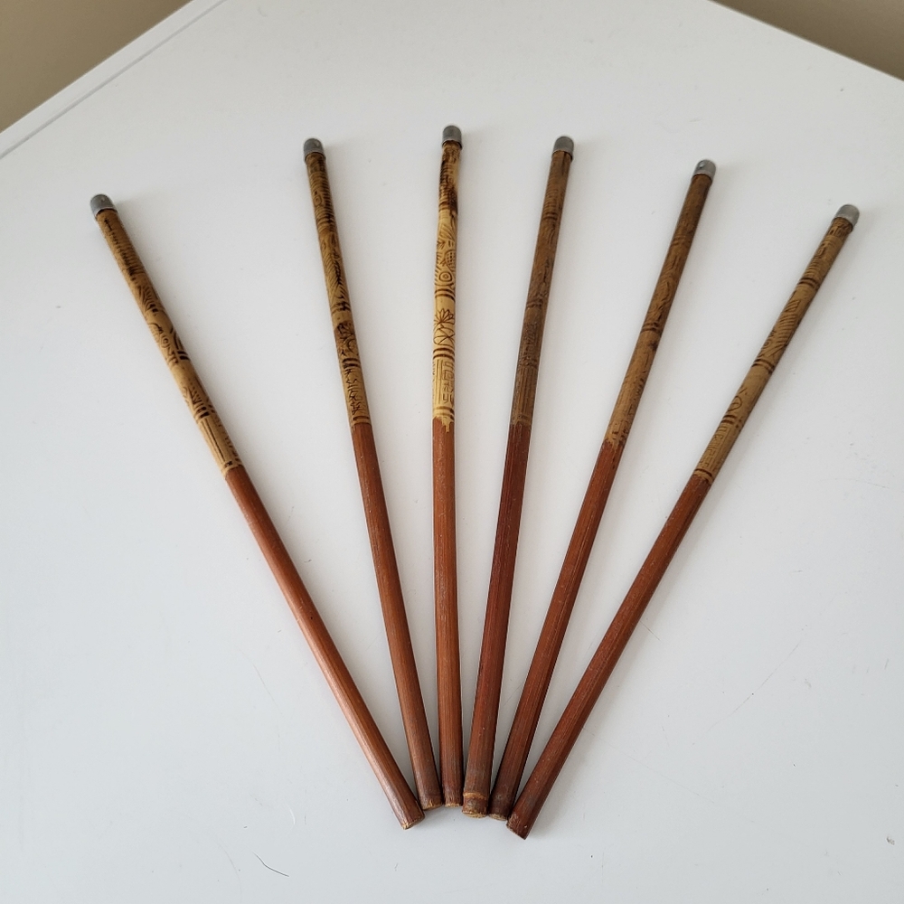 Set of Six Vintage Brown and Tan Bamboo  Chopsticks